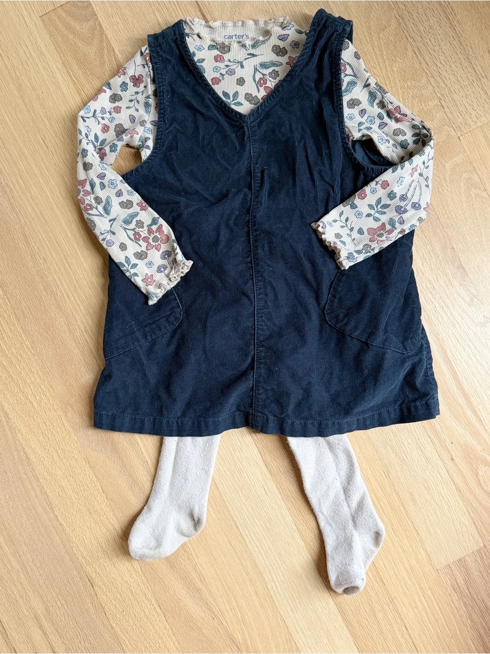 Carter's 3 Piece Set: Navy Corduroy Jumper with Floral Top and Tights, size 2T